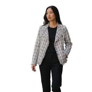 Vici White and Black Plaid Tweed Fringe Blazer sz XS